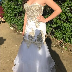 Gold embroidered white prom dress